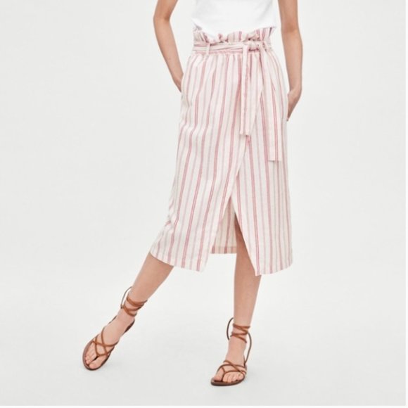 Zara White Red Striped Linen High Waisted Midi Bow Tie Paper Bag Wrap Skirt - Picture 3 of 9
